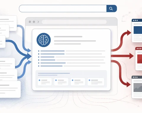 Editorial illustration of an AI search answer panel pulling together forum comments, article cards, and traffic arrows