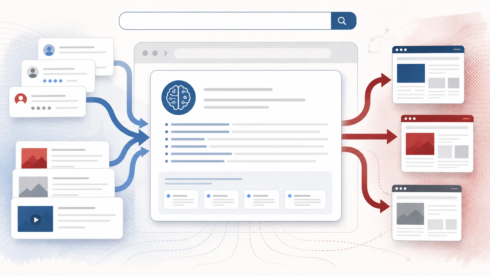 Editorial illustration of an AI search answer panel pulling together forum comments, article cards, and traffic arrows