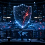 Digital cybersecurity shield with a red fracture line in a security operations room