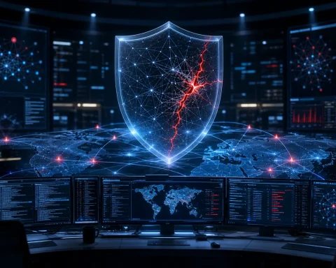 Digital cybersecurity shield with a red fracture line in a security operations room