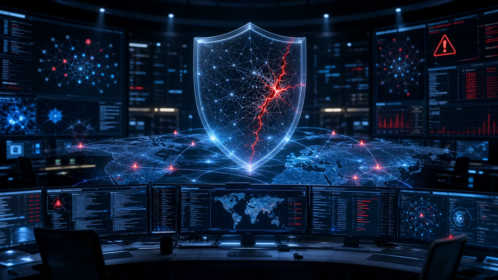 Digital cybersecurity shield with a red fracture line in a security operations room
