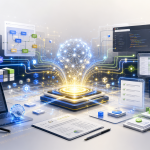 Editorial illustration of an AI assistant coordinating coding, research, documents, and data workflows