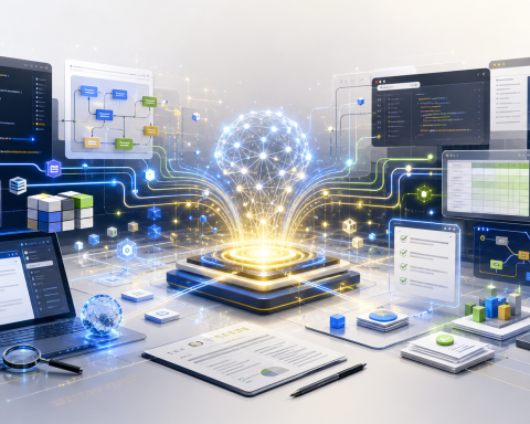 Editorial illustration of an AI assistant coordinating coding, research, documents, and data workflows