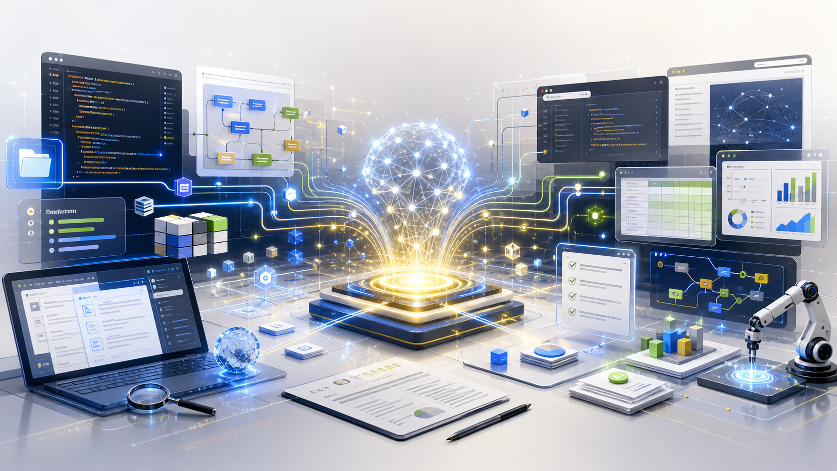 Editorial illustration of an AI assistant coordinating coding, research, documents, and data workflows