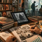 Comics creator drawing graphic novel pages at a desk with bookshelves, sales charts, invoices and readers in the background
