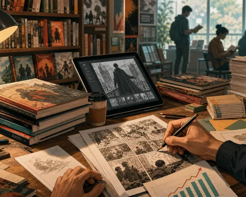 Comics creator drawing graphic novel pages at a desk with bookshelves, sales charts, invoices and readers in the background