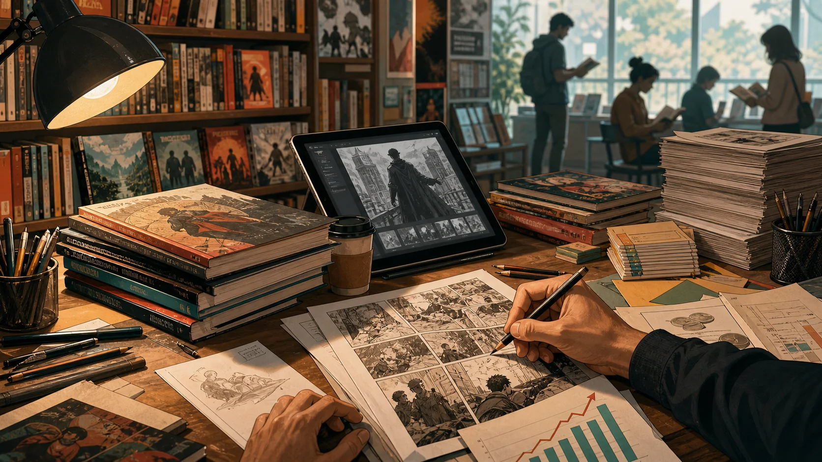 Comics creator drawing graphic novel pages at a desk with bookshelves, sales charts, invoices and readers in the background