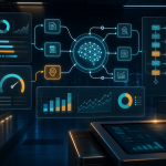 Abstract AI operations room with server racks, workflow nodes, charts, and blank invoice sheets