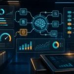 Abstract AI operations room with server racks, workflow nodes, charts, and blank invoice sheets