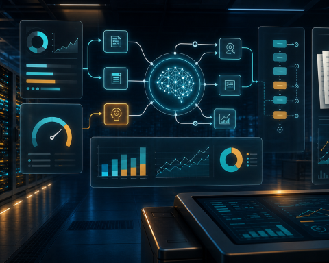 Abstract AI operations room with server racks, workflow nodes, charts, and blank invoice sheets