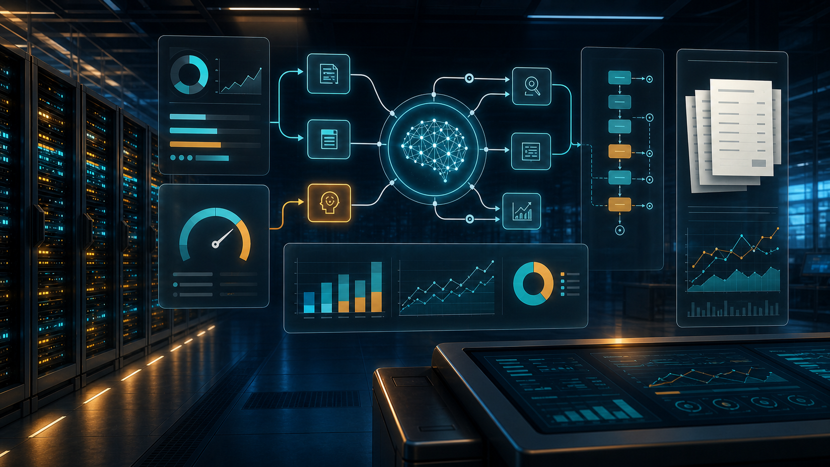 Abstract AI operations room with server racks, workflow nodes, charts, and blank invoice sheets