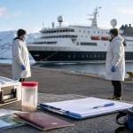 Public health workers and medical supplies near an expedition cruise ship in port