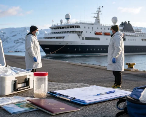 Public health workers and medical supplies near an expedition cruise ship in port
