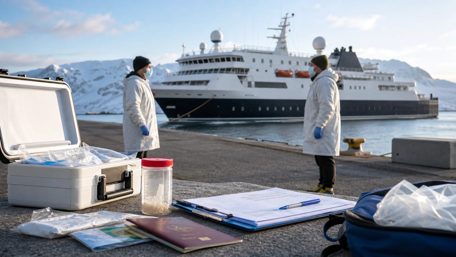 Public health workers and medical supplies near an expedition cruise ship in port