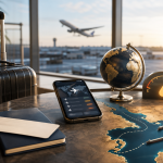 Airport travel planning scene with suitcase, flight updates, fuel gauge, and abstract Strait of Hormuz route uncertainty