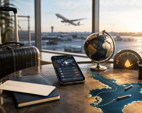 Airport travel planning scene with suitcase, flight updates, fuel gauge, and abstract Strait of Hormuz route uncertainty