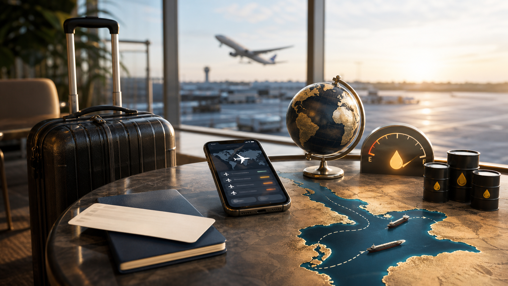 Airport travel planning scene with suitcase, flight updates, fuel gauge, and abstract Strait of Hormuz route uncertainty