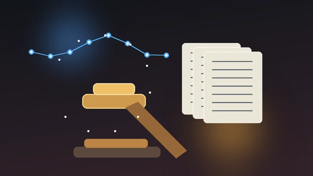 Courtroom gavel beside a glowing AI circuit timeline and foundation documents