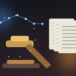Courtroom gavel beside a glowing AI circuit timeline and foundation documents