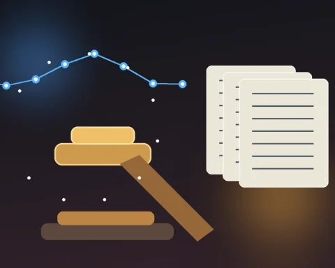 Courtroom gavel beside a glowing AI circuit timeline and foundation documents