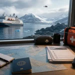 Remote expedition cruise ship with travel insurance papers, medical kit, map and satellite phone on a planning desk