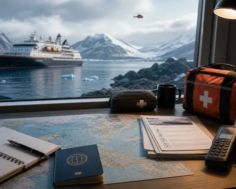 Remote expedition cruise ship with travel insurance papers, medical kit, map and satellite phone on a planning desk