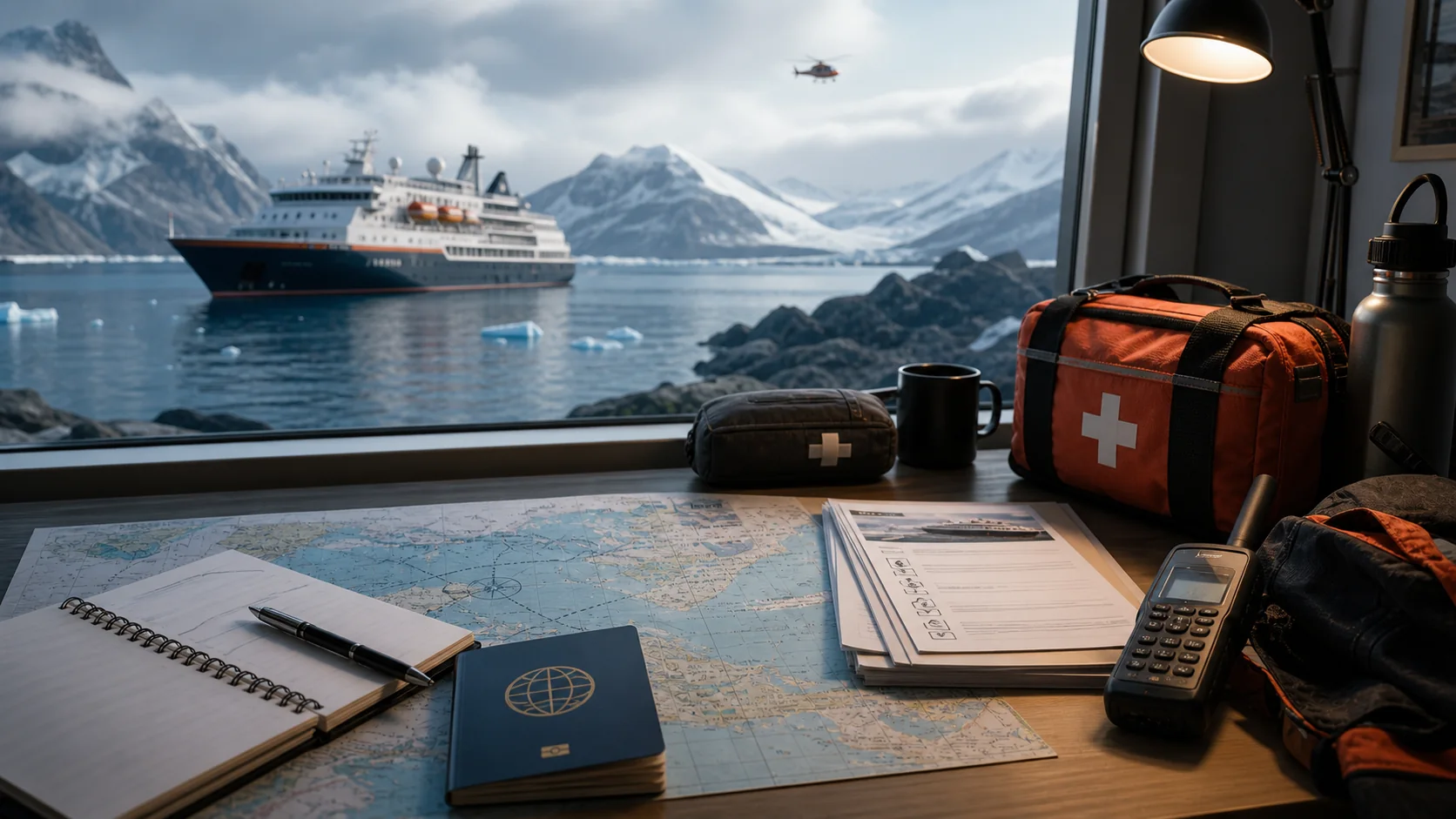 Remote expedition cruise ship with travel insurance papers, medical kit, map and satellite phone on a planning desk