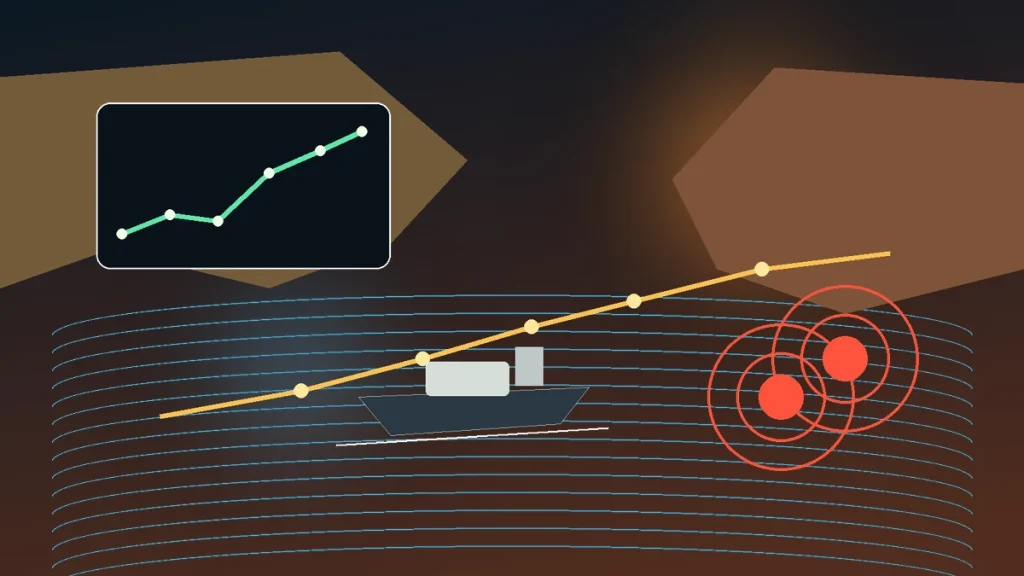 Oil tanker route through a narrow gulf passage with market chart lines and warning lights
