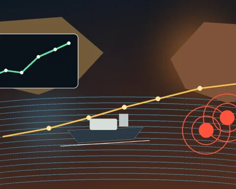 Oil tanker route through a narrow gulf passage with market chart lines and warning lights