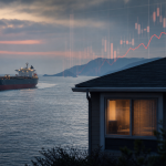 Oil tanker near a narrow sea passage with a house silhouette and abstract rising chart overlay