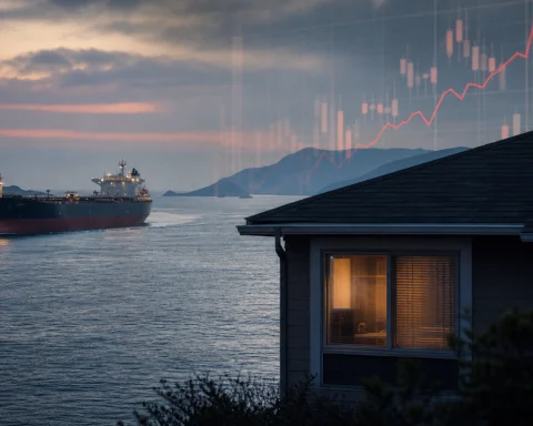 Oil tanker near a narrow sea passage with a house silhouette and abstract rising chart overlay