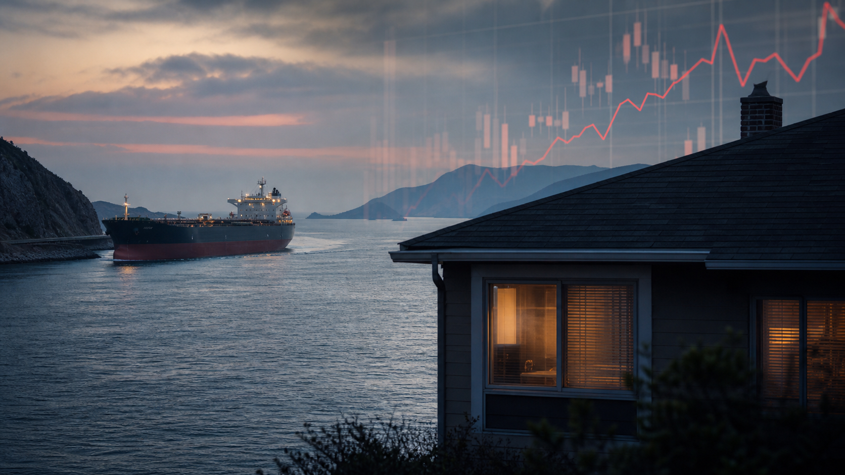 Oil tanker near a narrow sea passage with a house silhouette and abstract rising chart overlay