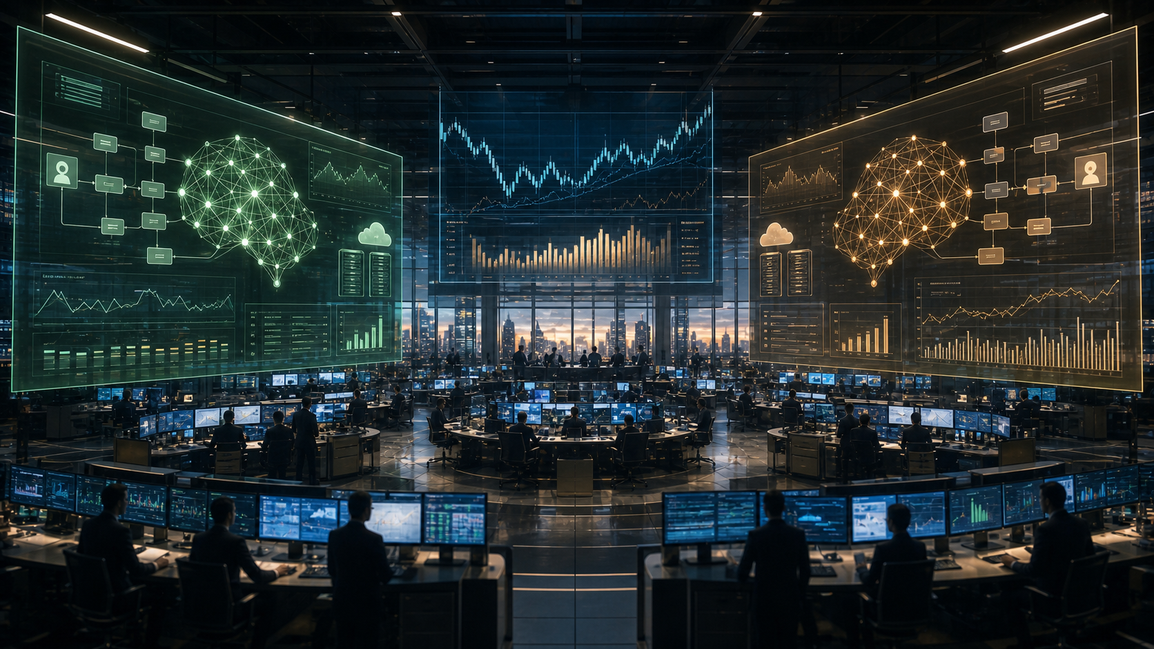 Enterprise AI command centers across a trading floor as two model providers compete for corporate deployment