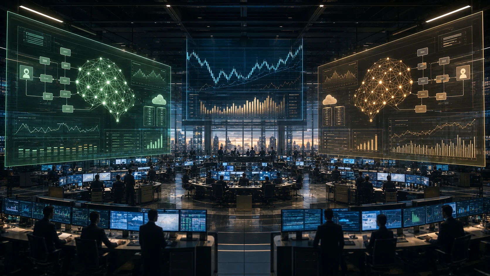 Enterprise AI command centers across a trading floor as two model providers compete for corporate deployment