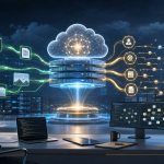 Enterprise cloud control room with abstract AI agents, code workflows, and secure infrastructure