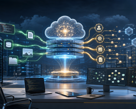 Enterprise cloud control room with abstract AI agents, code workflows, and secure infrastructure