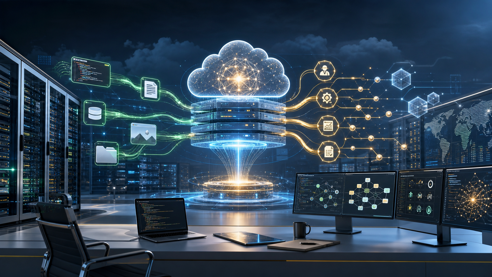 Enterprise cloud control room with abstract AI agents, code workflows, and secure infrastructure