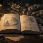 Open fantasy book with glowing maps, film strips, streaming tiles, game icons and catalog cards emerging from the margins