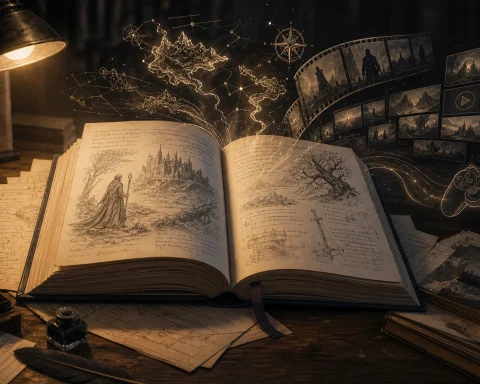 Open fantasy book with glowing maps, film strips, streaming tiles, game icons and catalog cards emerging from the margins
