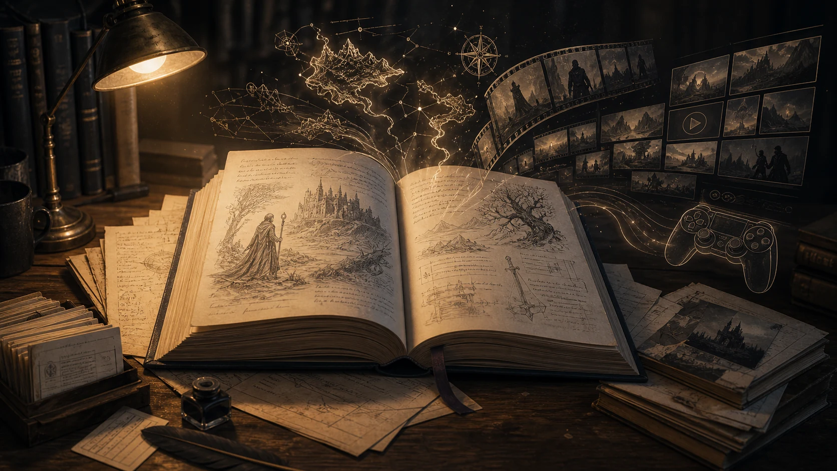 Open fantasy book with glowing maps, film strips, streaming tiles, game icons and catalog cards emerging from the margins