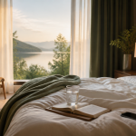 Serene hotel room at dawn with soft bedding, natural view, water, book, and phone placed away from the bed