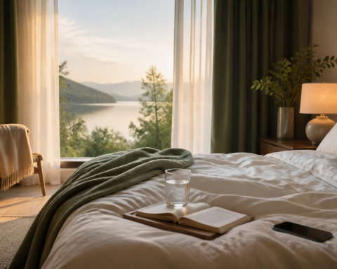 Serene hotel room at dawn with soft bedding, natural view, water, book, and phone placed away from the bed