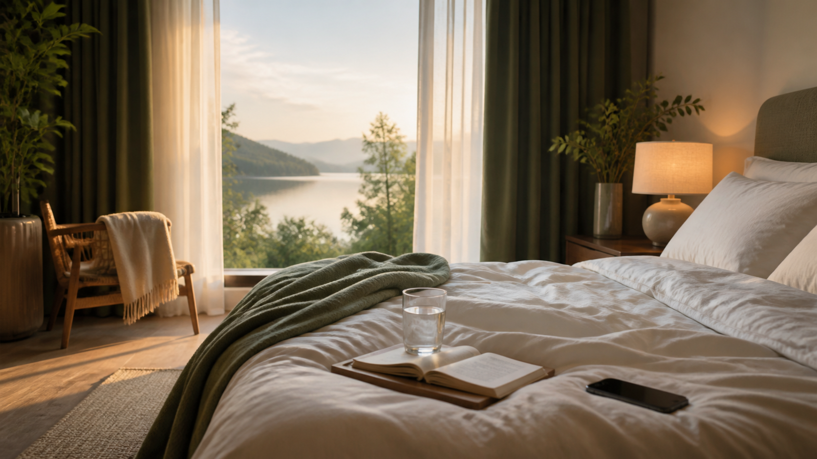 Serene hotel room at dawn with soft bedding, natural view, water, book, and phone placed away from the bed
