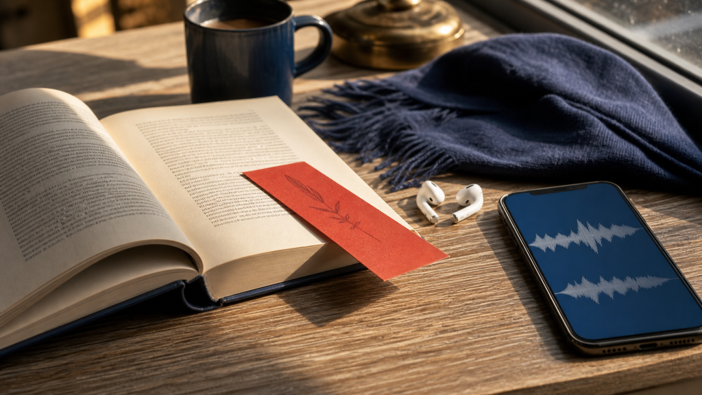 Open book, paper bookmark, earbuds, and phone with abstract waveform on a wooden table