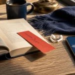 Open book, paper bookmark, earbuds, and phone with abstract waveform on a wooden table