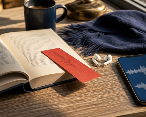 Open book, paper bookmark, earbuds, and phone with abstract waveform on a wooden table