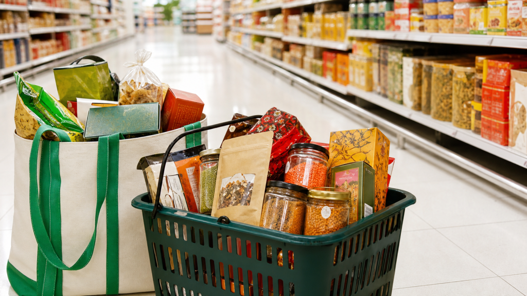 Reusable tote and shopping basket filled with packaged snacks and pantry goods in a supermarket aisle