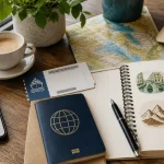 Travel planning scene with passport, phone, notebook, ferry ticket and destination icons for sustainable tourism budgeting