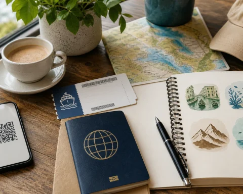 Travel planning scene with passport, phone, notebook, ferry ticket and destination icons for sustainable tourism budgeting