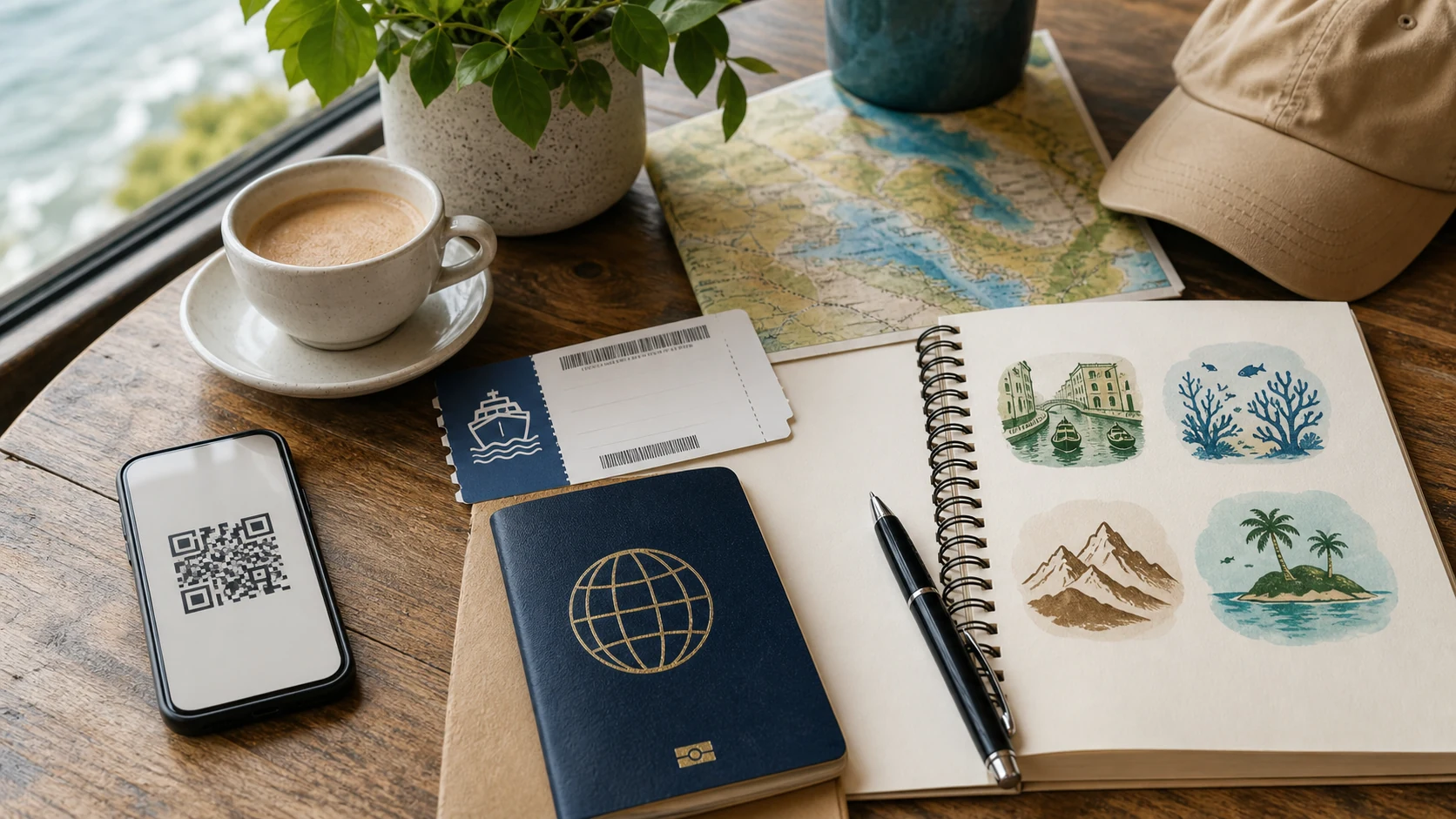 Travel planning scene with passport, phone, notebook, ferry ticket and destination icons for sustainable tourism budgeting